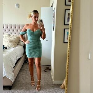 Strapless dusty blue/sage mini dress